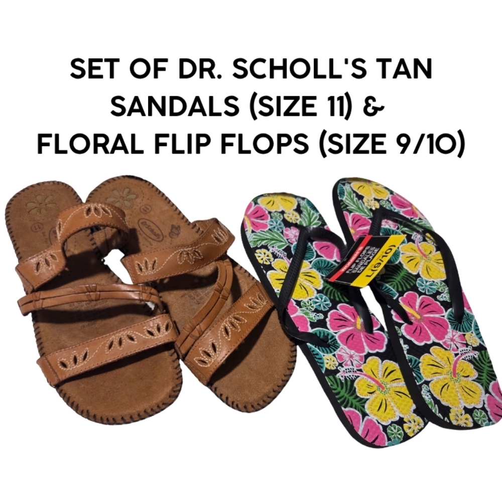 🫟3/$12🫟 DR. SCHOLL'S MEMORY FOAM SZ 11 SANDALS & FLORAL FLIP-FLOPS SZ 9/10 SET